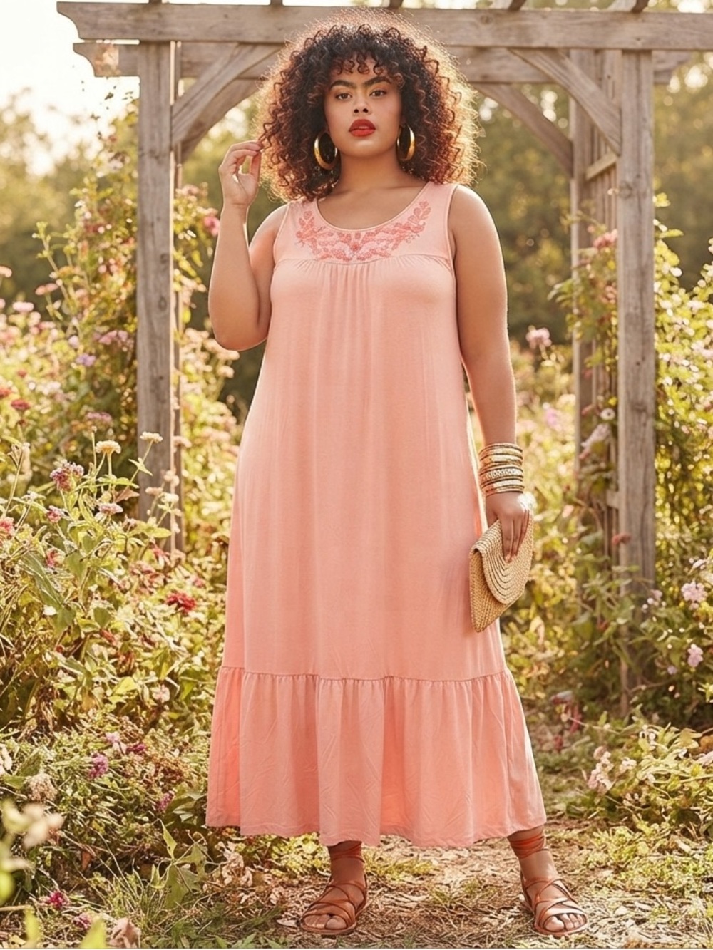 Cupio Sleeveless Peach Embroidered Maxi Dress